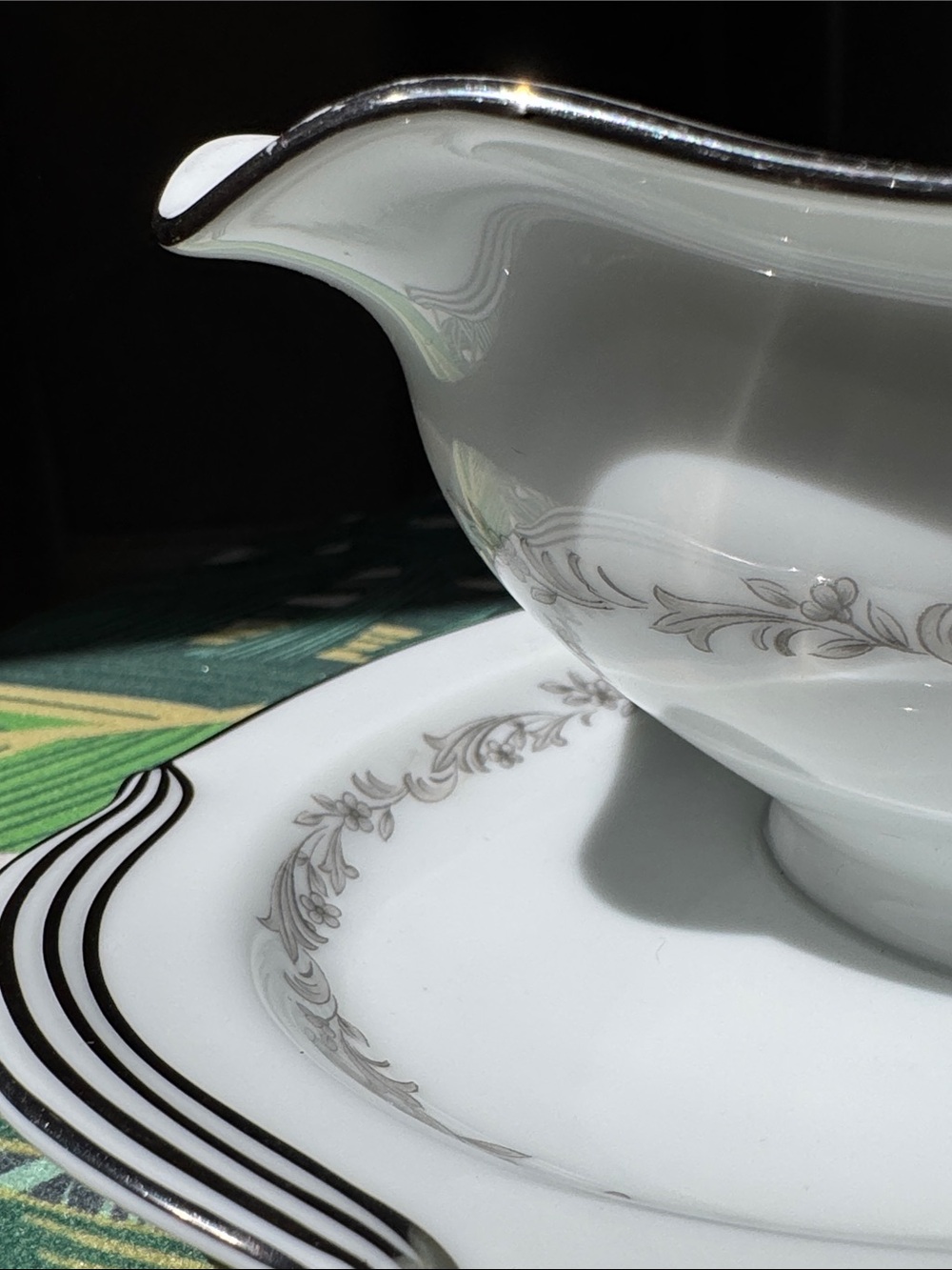 Noritake White Porcelain Gravy Boat and Underplate with Silver Floral Band